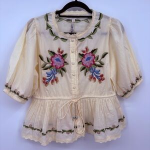 Jennifer & Grace Embroidered Peplum Blouse Small Cream Boho Top NWT